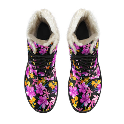 Tropical Folower Pink Hibiscus Print Faux Fur Leather Boots-JTAMIGO.COM