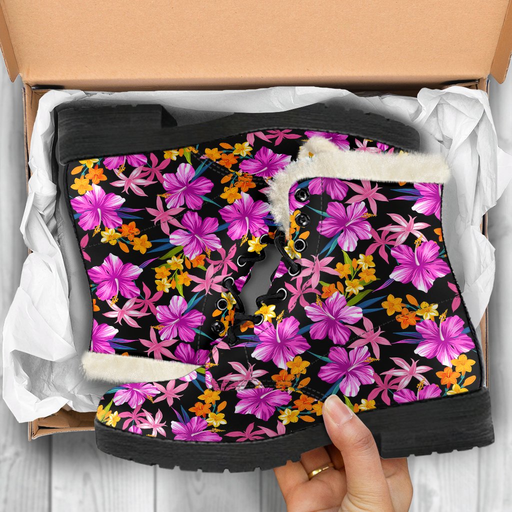 Tropical Folower Pink Hibiscus Print Faux Fur Leather Boots-JTAMIGO.COM