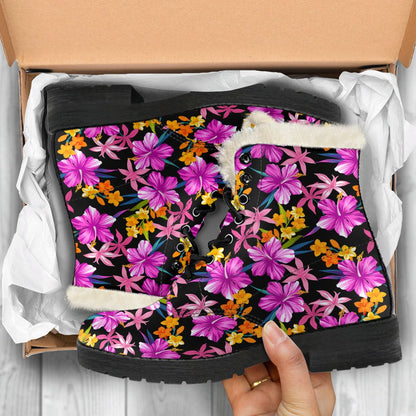 Tropical Folower Pink Hibiscus Print Faux Fur Leather Boots-JTAMIGO.COM