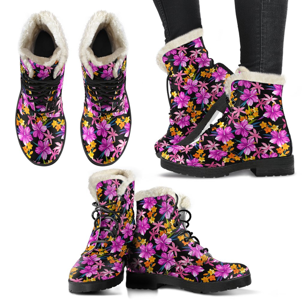 Tropical Folower Pink Hibiscus Print Faux Fur Leather Boots-JTAMIGO.COM