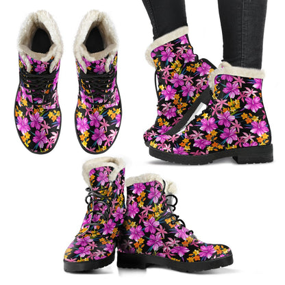 Tropical Folower Pink Hibiscus Print Faux Fur Leather Boots-JTAMIGO.COM