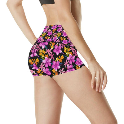 Tropical Folower Pink Hibiscus Print High Waisted Spandex Shorts-JTAMIGO.COM