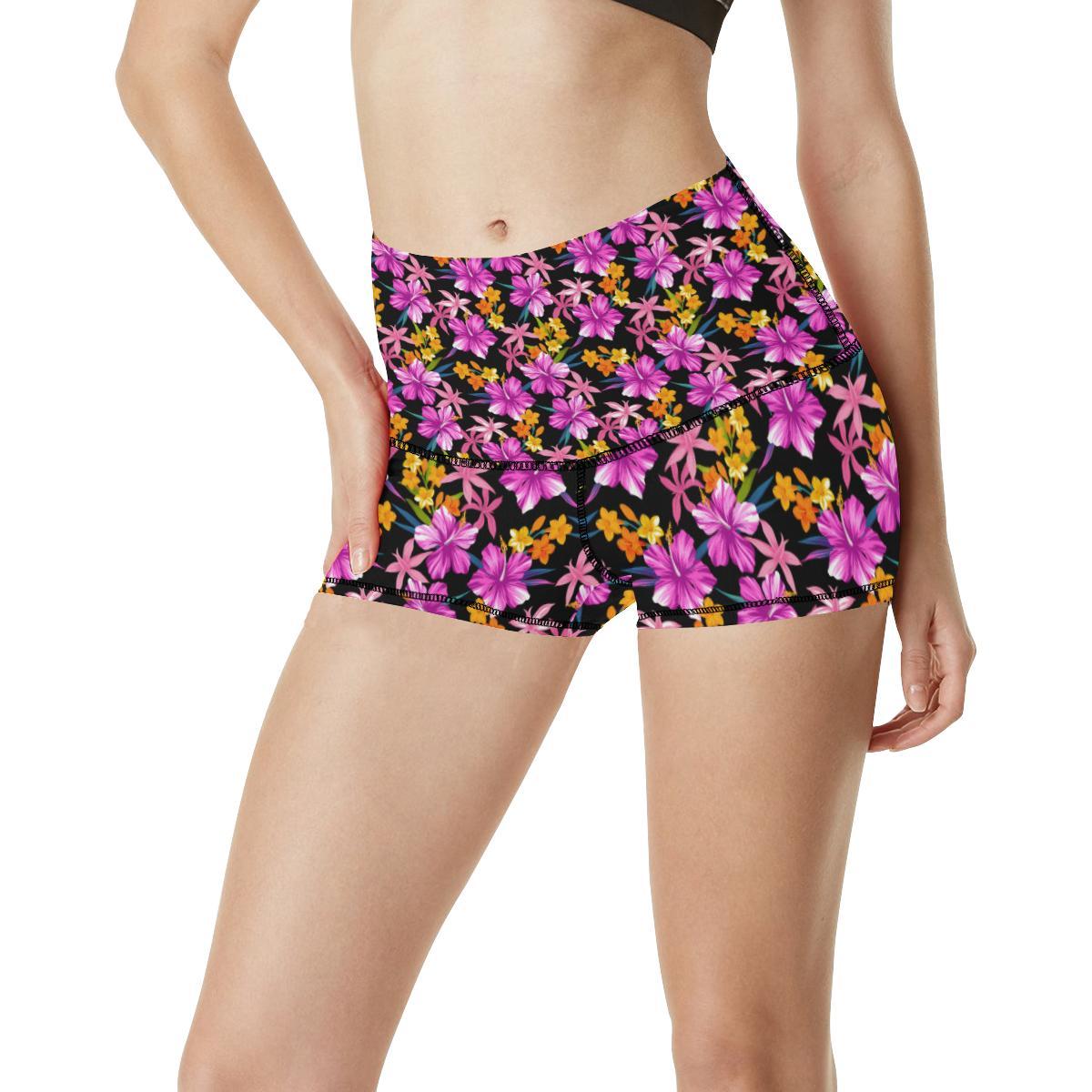 Tropical Folower Pink Hibiscus Print High Waisted Spandex Shorts-JTAMIGO.COM