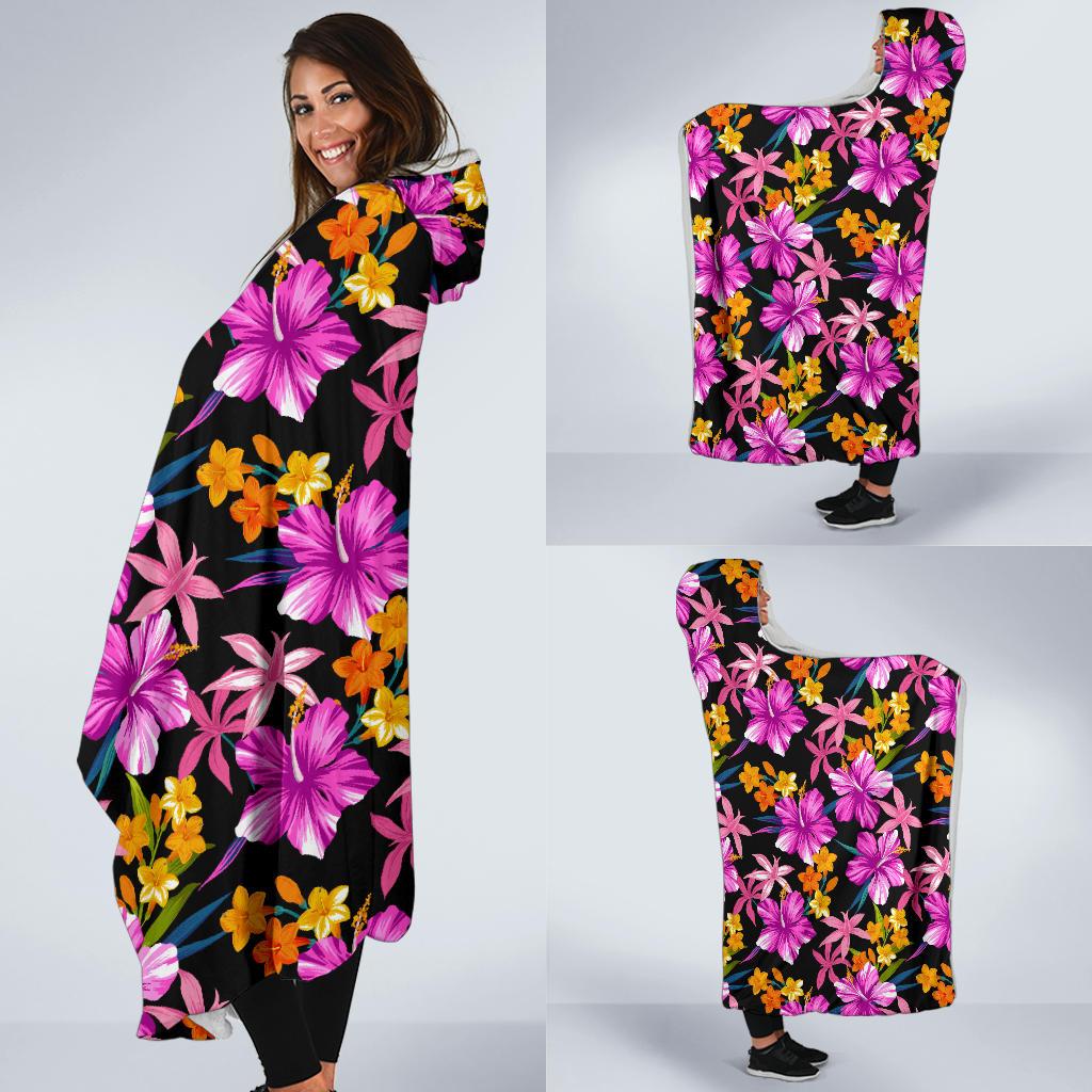 Tropical Folower Pink Hibiscus Print Hooded Blanket-JTAMIGO.COM
