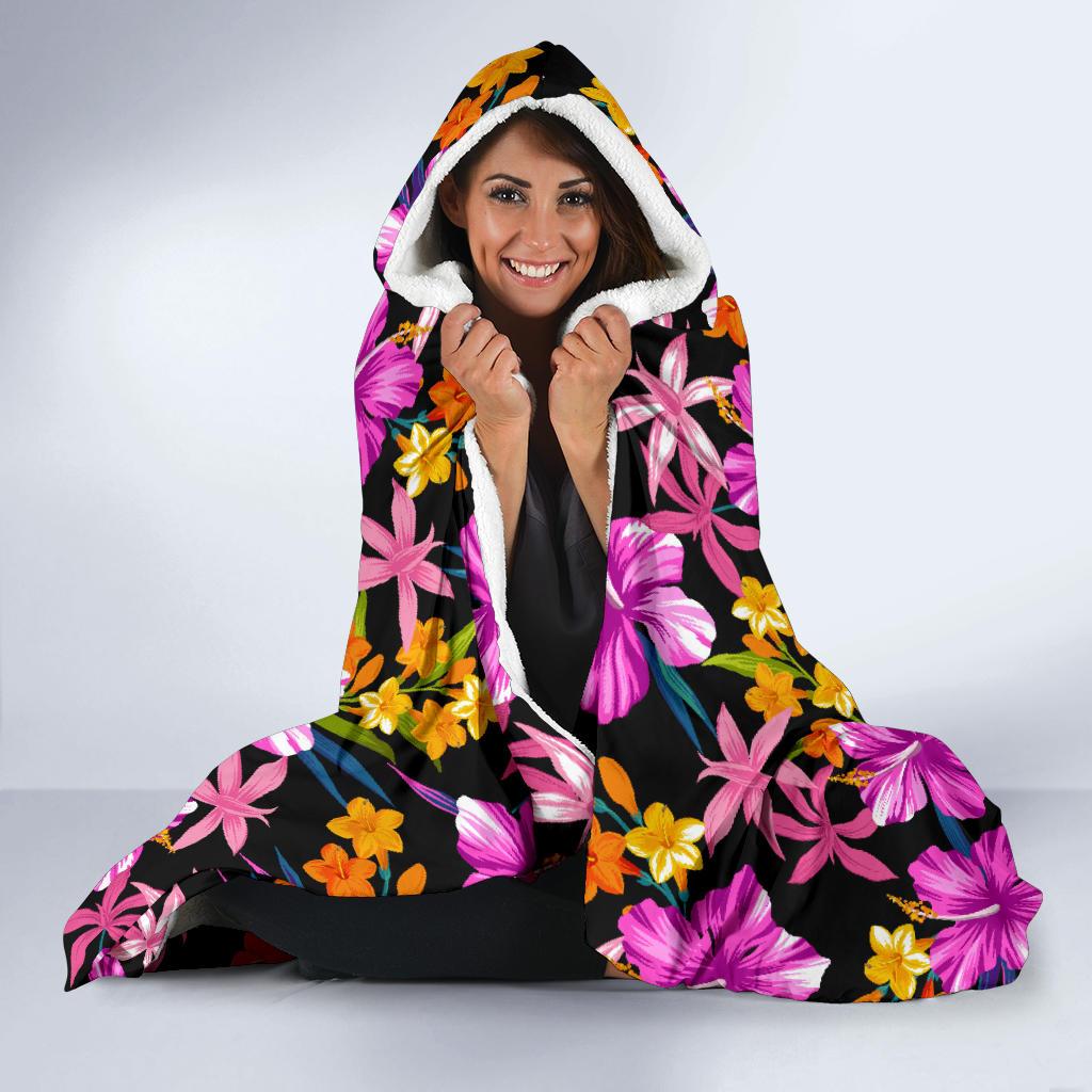 Tropical Folower Pink Hibiscus Print Hooded Blanket-JTAMIGO.COM