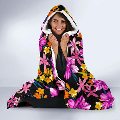 Tropical Folower Pink Hibiscus Print Hooded Blanket-JTAMIGO.COM