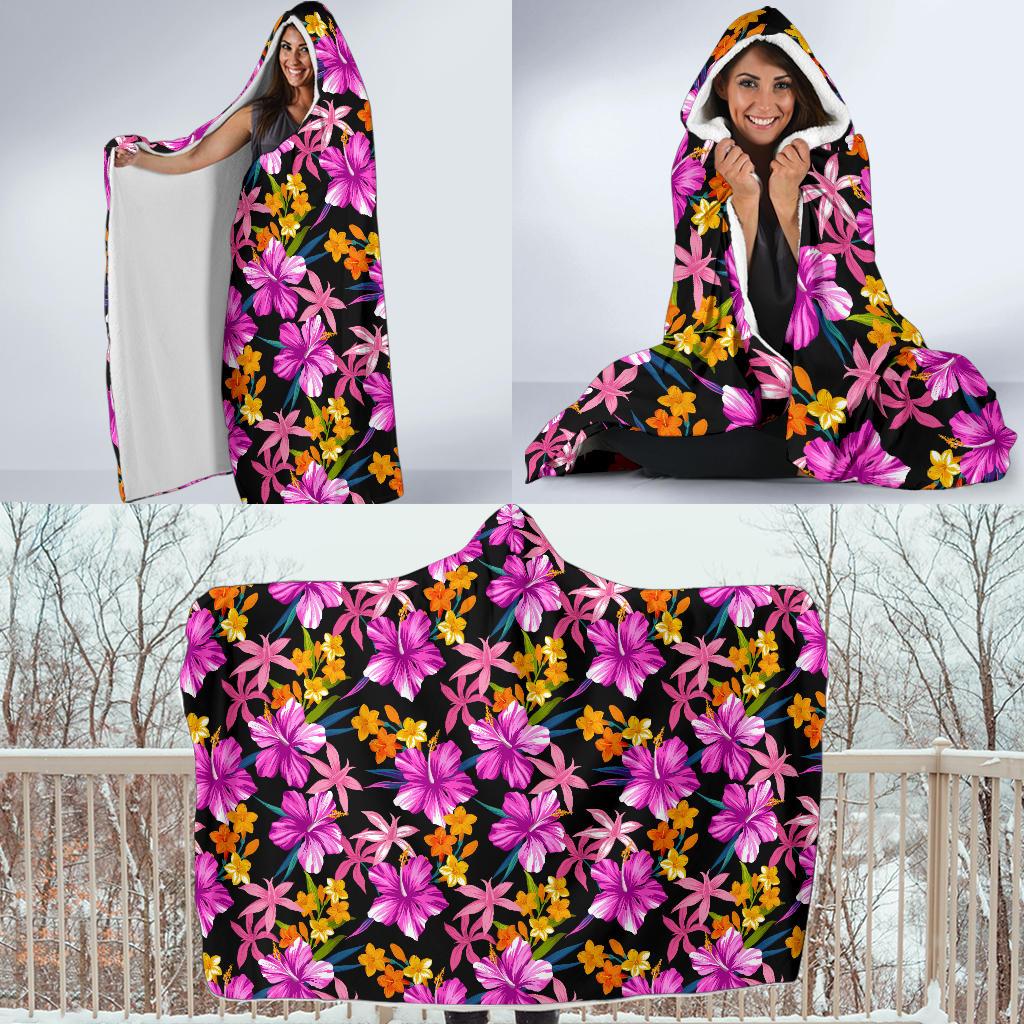 Tropical Folower Pink Hibiscus Print Hooded Blanket-JTAMIGO.COM