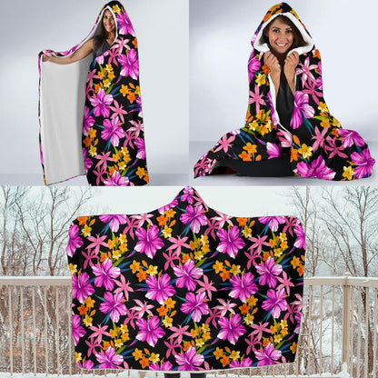 Tropical Folower Pink Hibiscus Print Hooded Blanket-JTAMIGO.COM