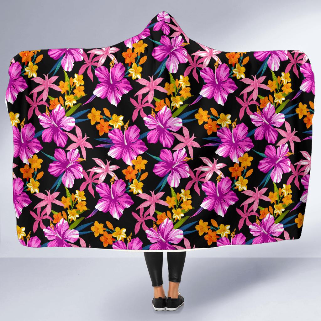 Tropical Folower Pink Hibiscus Print Hooded Blanket-JTAMIGO.COM