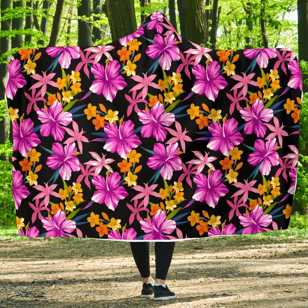 Tropical Folower Pink Hibiscus Print Hooded Blanket-JTAMIGO.COM