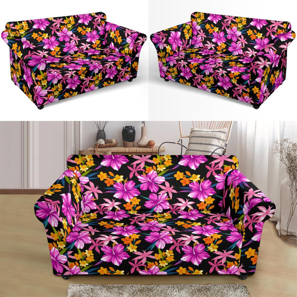 Tropical Folower Pink Hibiscus Print Loveseat Slipcover-JTAMIGO.COM