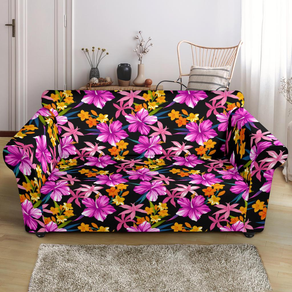 Tropical Folower Pink Hibiscus Print Loveseat Slipcover-JTAMIGO.COM