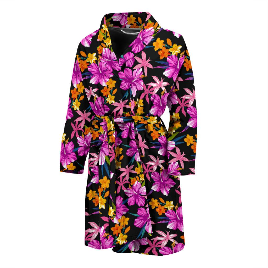 Tropical Folower Pink Hibiscus Print Men Bath Robe-JTAMIGO.COM