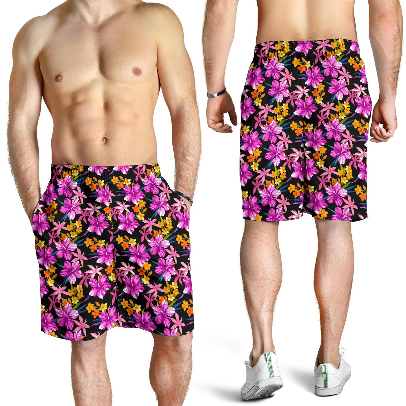 Tropical Folower Pink Hibiscus Print Mens Shorts-JTAMIGO.COM