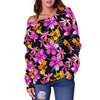 Tropical Folower Pink Hibiscus Print Off Shoulder Sweatshirt