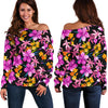 Tropical Folower Pink Hibiscus Print Off Shoulder Sweatshirt