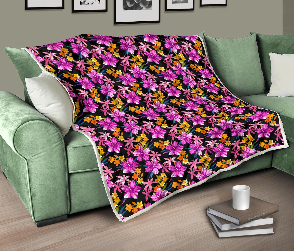 Tropical Folower Pink Hibiscus Print Premium Quilt-JTAMIGO.COM