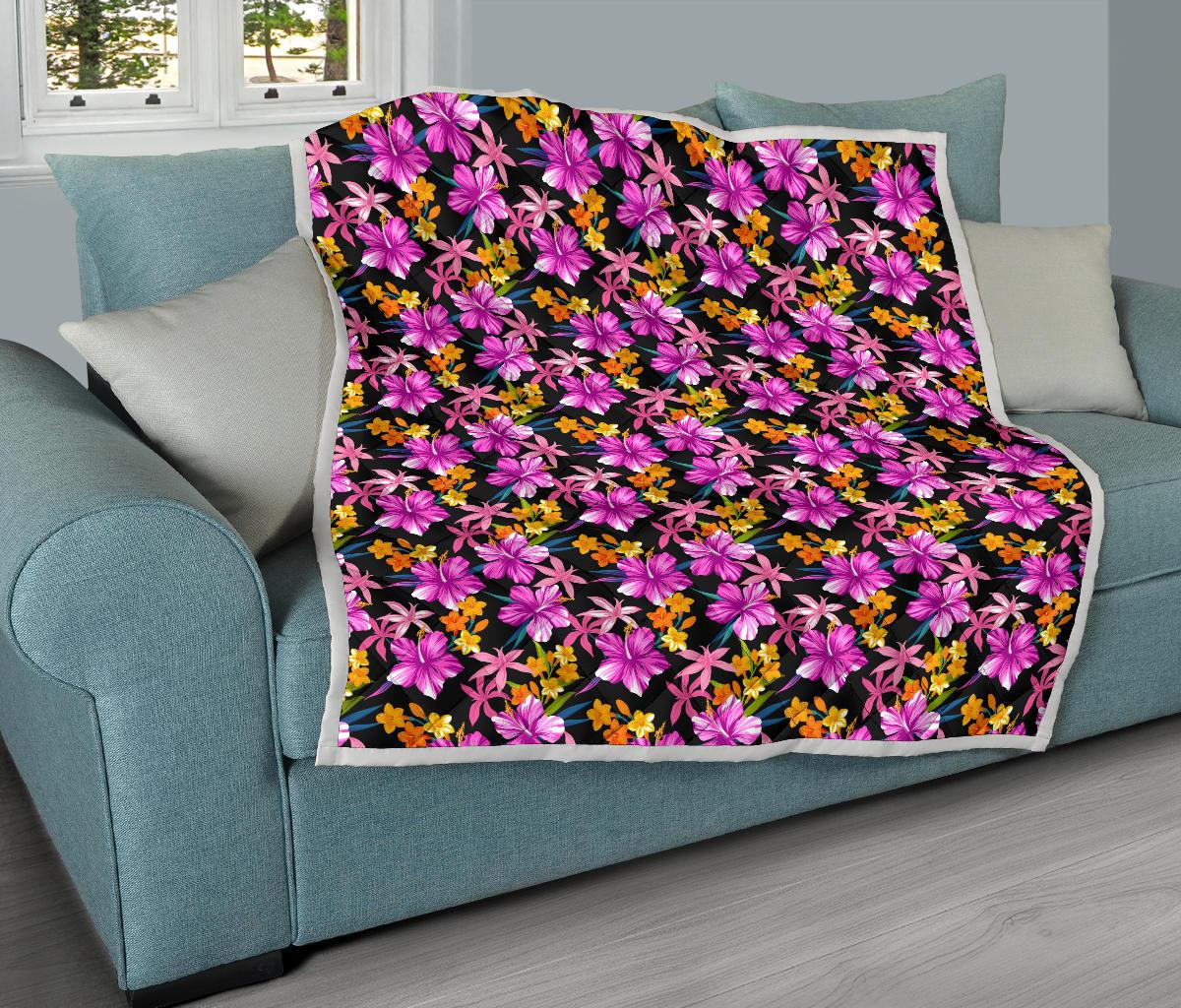 Tropical Folower Pink Hibiscus Print Premium Quilt-JTAMIGO.COM