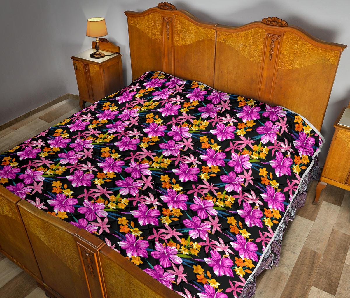 Tropical Folower Pink Hibiscus Print Premium Quilt-JTAMIGO.COM