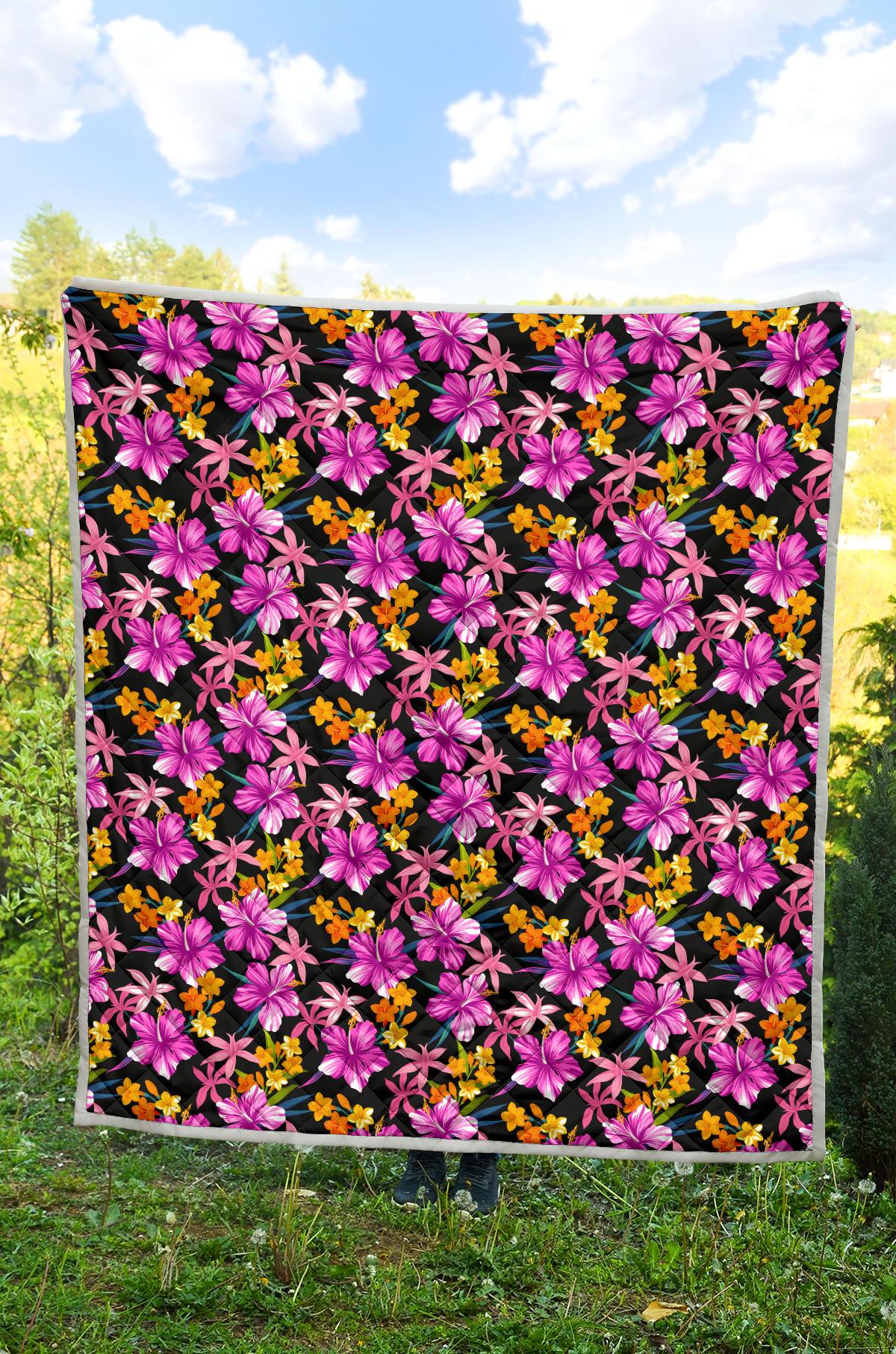 Tropical Folower Pink Hibiscus Print Premium Quilt-JTAMIGO.COM