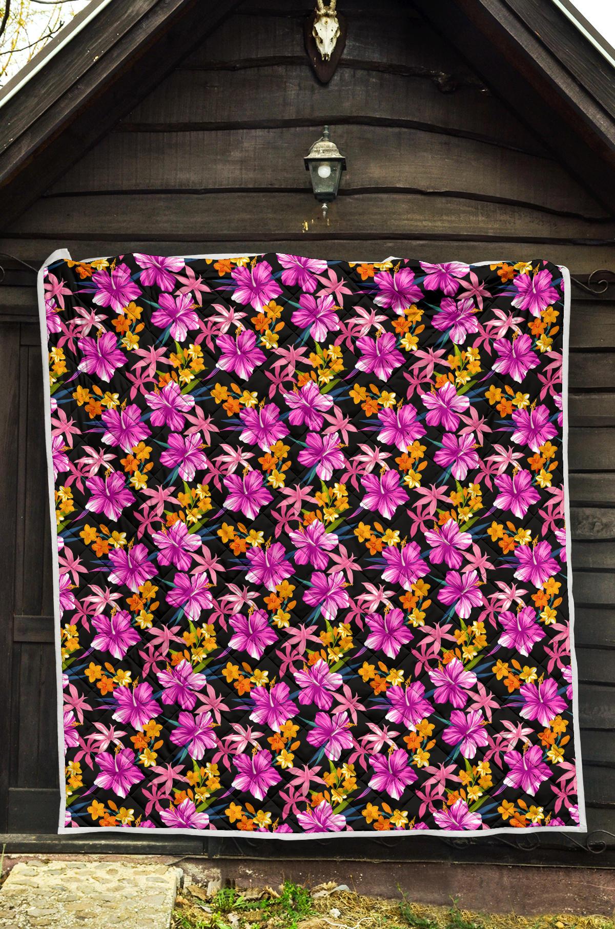 Tropical Folower Pink Hibiscus Print Premium Quilt-JTAMIGO.COM