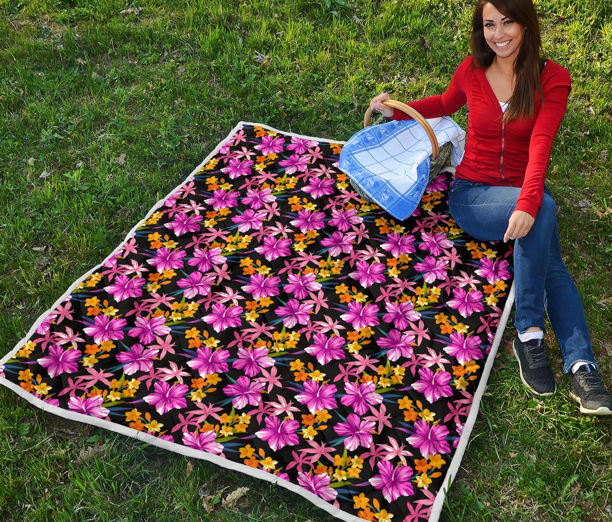 Tropical Folower Pink Hibiscus Print Premium Quilt-JTAMIGO.COM