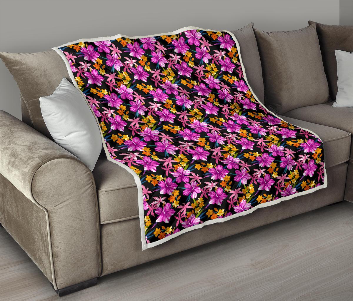 Tropical Folower Pink Hibiscus Print Premium Quilt-JTAMIGO.COM