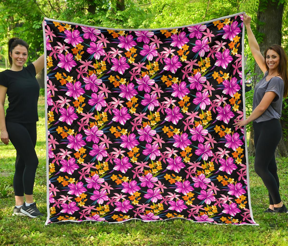 Tropical Folower Pink Hibiscus Print Premium Quilt-JTAMIGO.COM