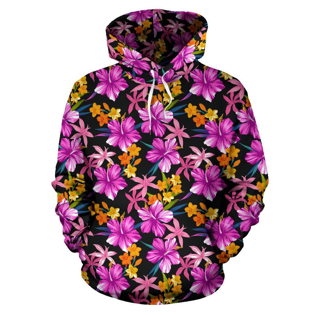 Tropical Folower Pink Hibiscus Print Pullover Hoodie