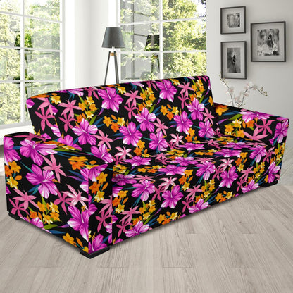 Tropical Folower Pink Hibiscus Print Sofa Slipcover-JTAMIGO.COM