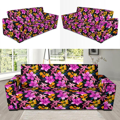 Tropical Folower Pink Hibiscus Print Sofa Slipcover-JTAMIGO.COM