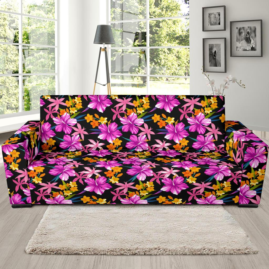Tropical Folower Pink Hibiscus Print Sofa Slipcover-JTAMIGO.COM