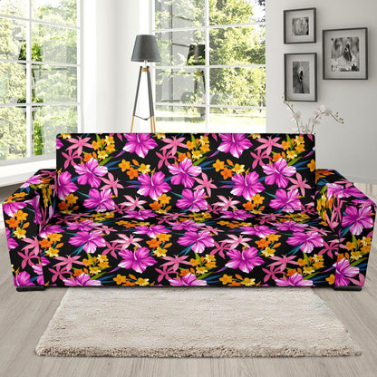Tropical Folower Pink Hibiscus Print Sofa Slipcover-JTAMIGO.COM