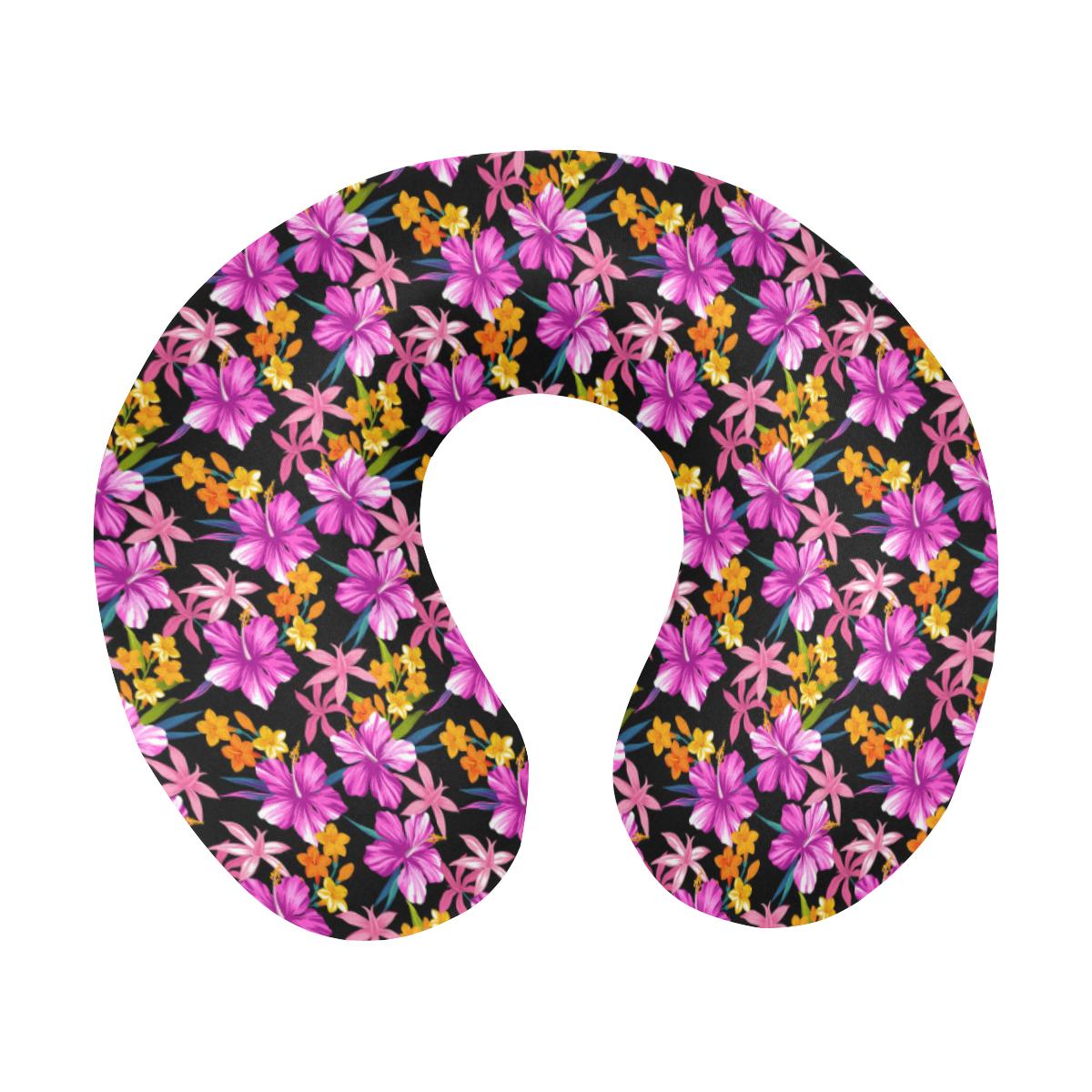 Tropical Folower Pink Hibiscus Print U-Shaped Travel Neck Pillow-JTAMIGO.COM