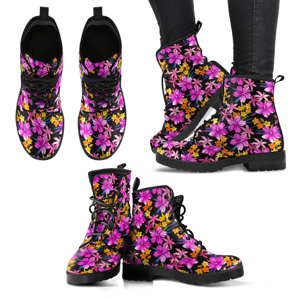 Tropical Folower Pink Hibiscus Print Women Leather Boots-JTAMIGO.COM