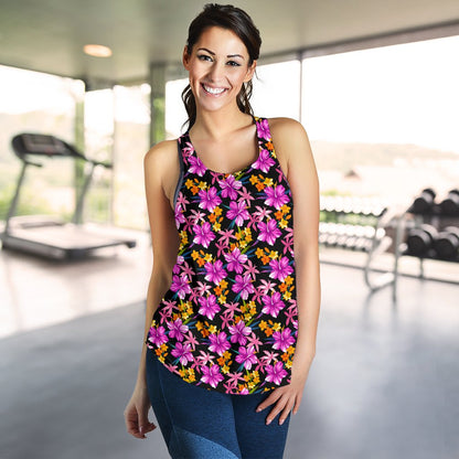 Tropical Folower Pink Hibiscus Print Women Racerback Tank Top