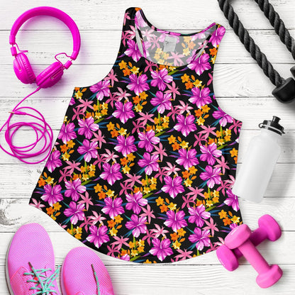 Tropical Folower Pink Hibiscus Print Women Racerback Tank Top