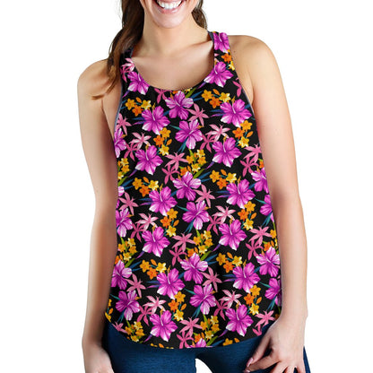 Tropical Folower Pink Hibiscus Print Women Racerback Tank Top