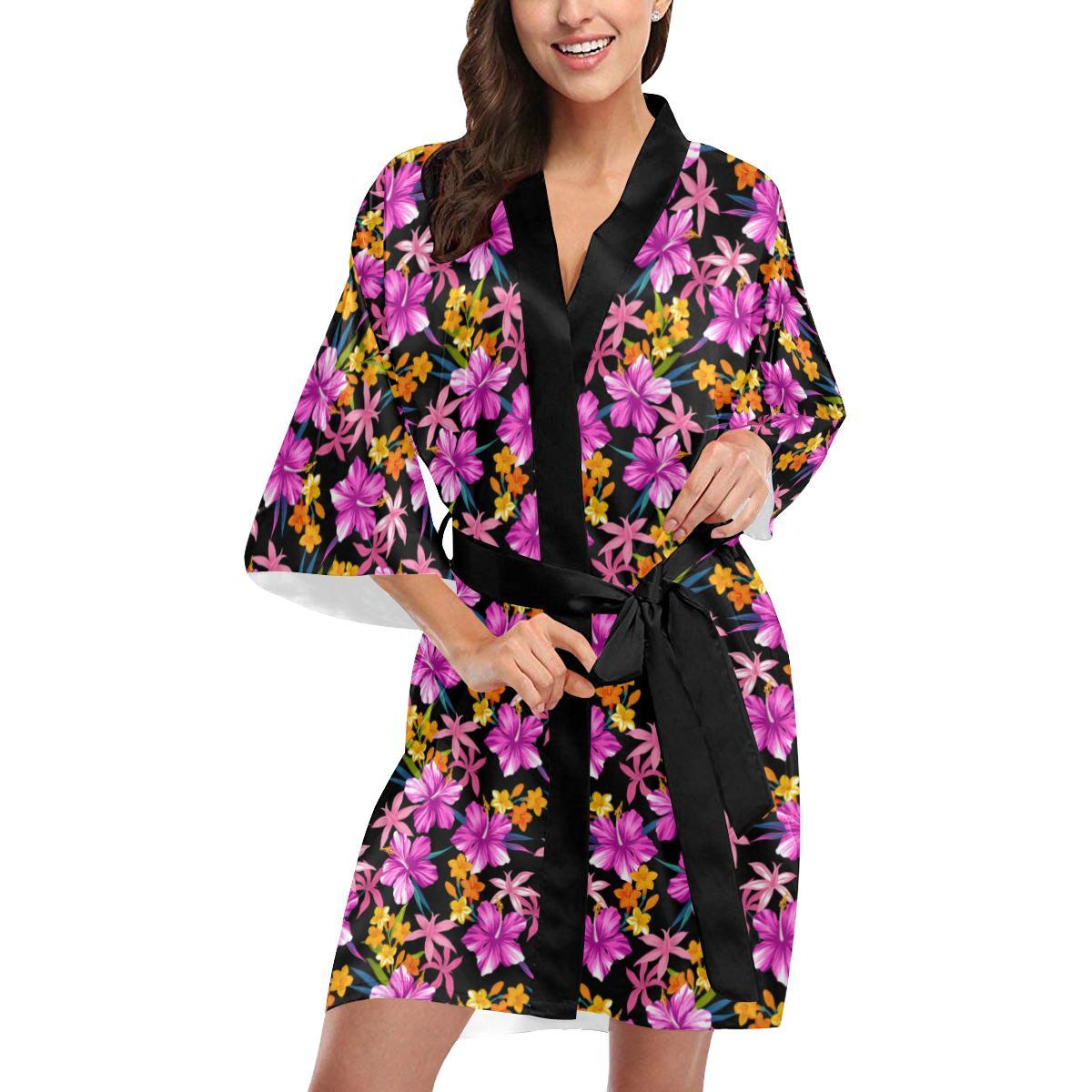 Tropical Folower Pink Hibiscus Print Women Short Kimono Robe