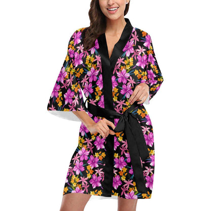 Tropical Folower Pink Hibiscus Print Women Short Kimono Robe