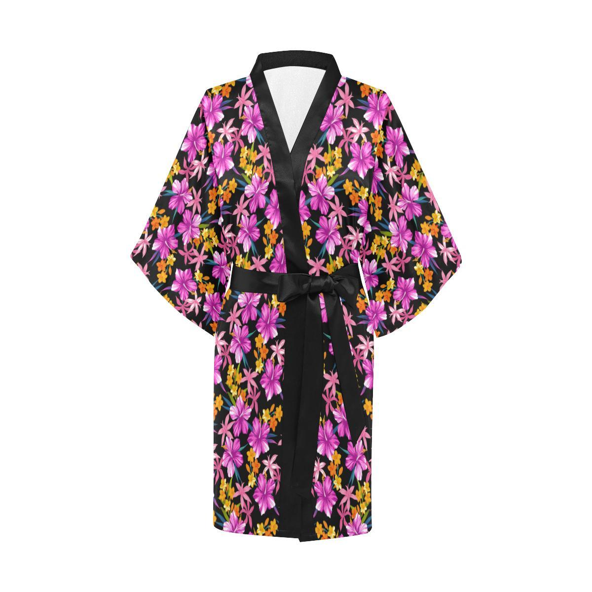 Tropical Folower Pink Hibiscus Print Women Short Kimono Robe