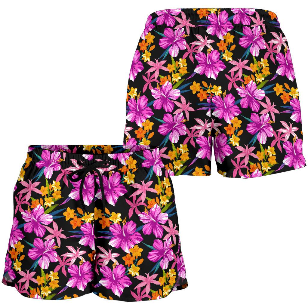 Tropical Folower Pink Hibiscus Print Women Shorts-JTAMIGO.COM