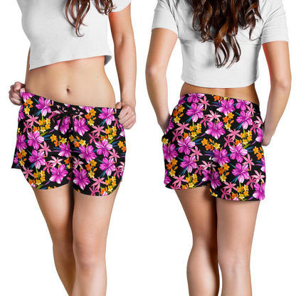Tropical Folower Pink Hibiscus Print Women Shorts-JTAMIGO.COM