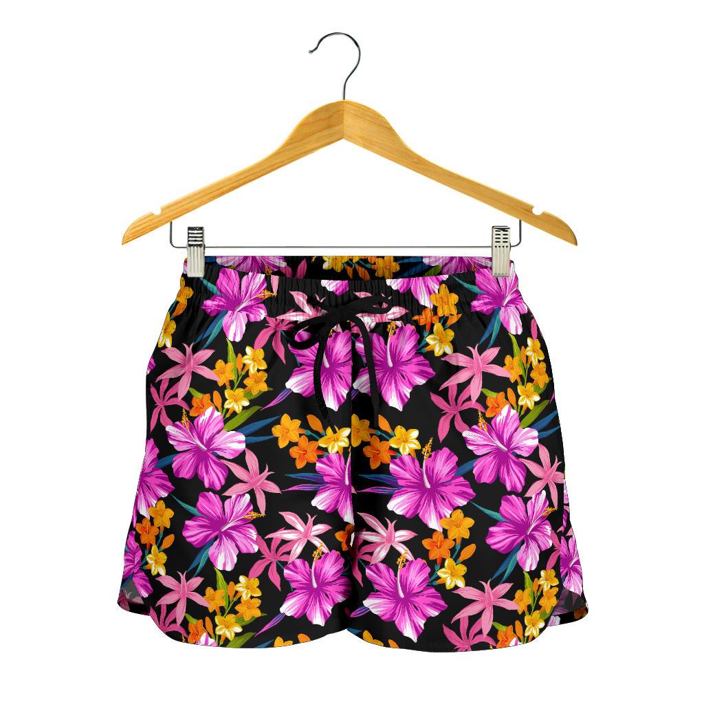 Tropical Folower Pink Hibiscus Print Women Shorts-JTAMIGO.COM