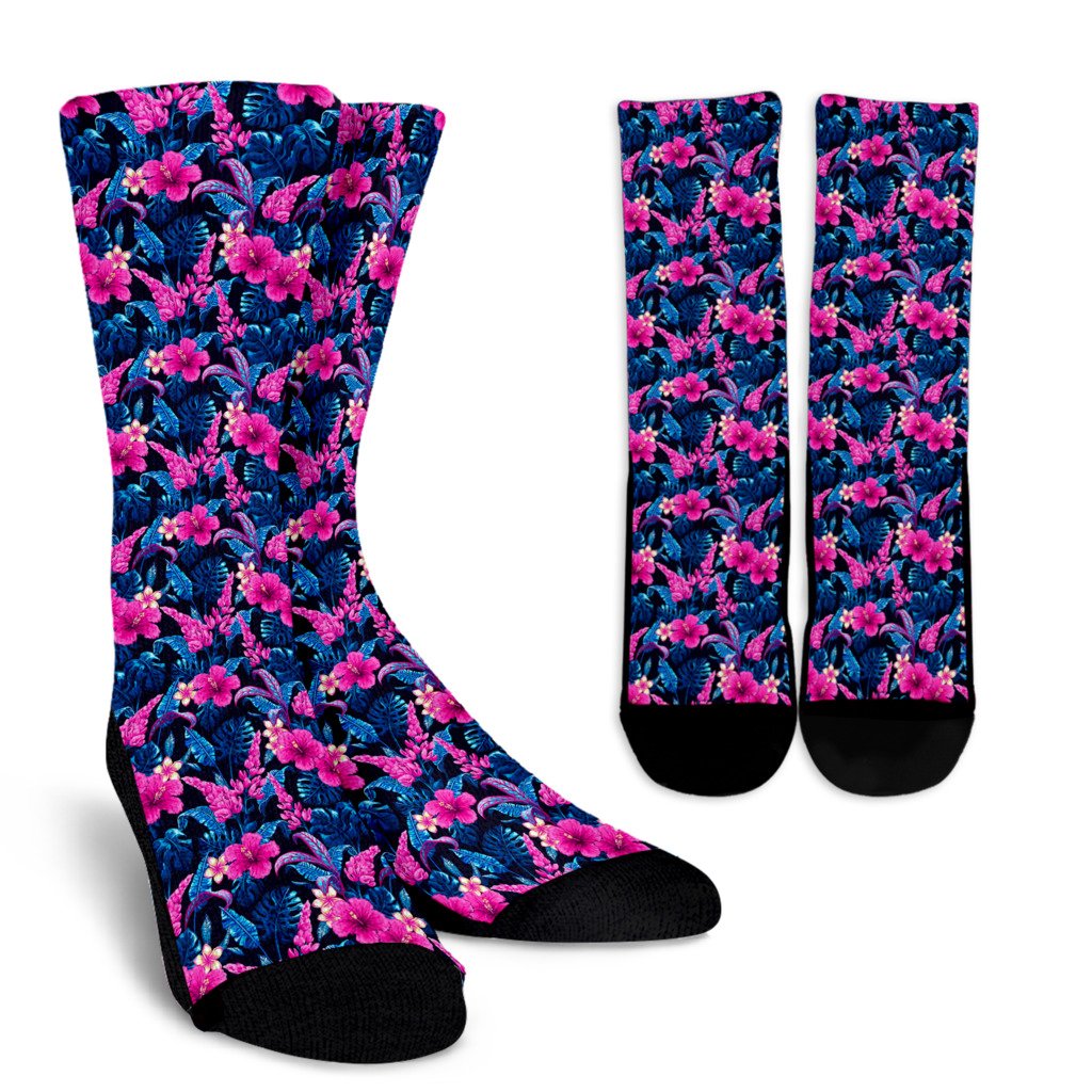 Tropical Folower Pink Themed Print Crew Socks