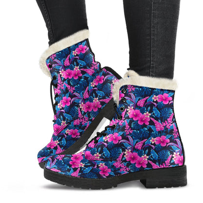 Tropical Folower Pink Themed Print Faux Fur Leather Boots-JTAMIGO.COM