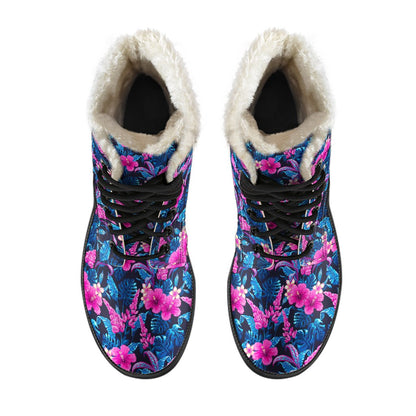 Tropical Folower Pink Themed Print Faux Fur Leather Boots-JTAMIGO.COM