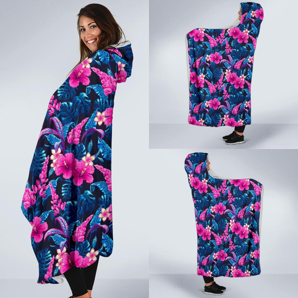 Tropical Folower Pink Themed Print Hooded Blanket-JTAMIGO.COM