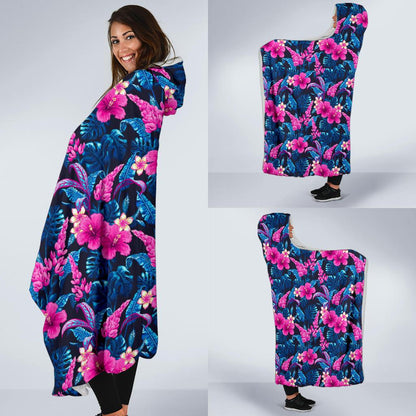 Tropical Folower Pink Themed Print Hooded Blanket-JTAMIGO.COM