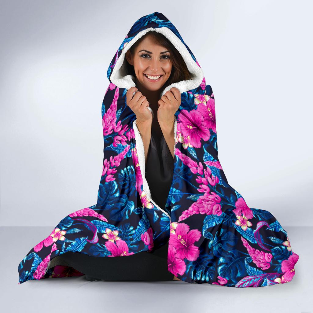 Tropical Folower Pink Themed Print Hooded Blanket-JTAMIGO.COM